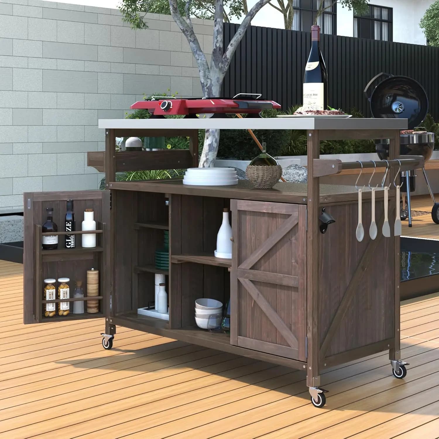 Carrello Bar in Legno Massello con Armadietto, Piano in Acciaio Inox, Porta Spezie e Portasciugamani per Patio e BBQ, Marrone Scuro, Personalizzabile