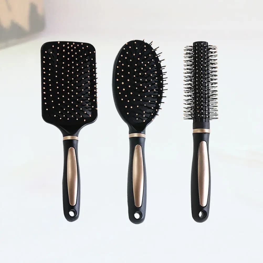 Pettine massaggiante con cuscino d'aria, 3 pezzi, per capelli ricci, districante, con denti lisci, manico ergonomico, per uomo e donna, nero