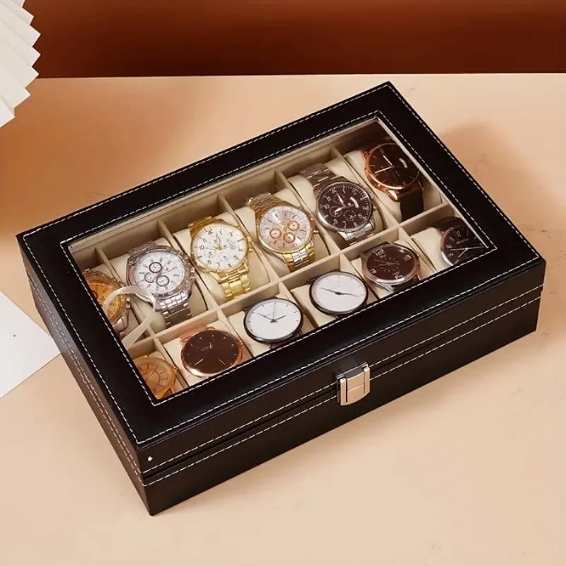 Organizzatore per orologi da 1 pezzo - Espositore a 12 scomparti con serratura e cuscini rimovibili | Contenitore in Pelle Sintetica per Uomo/Regali/Viaggi