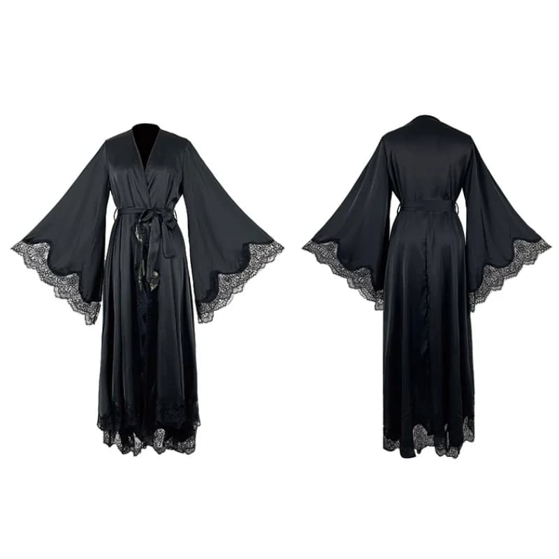 Women Sexy Bride Wedding Sleepwear Long Sleeve Satin Patch Work Lace Nightwar Soft Trailing Flare Sleeve Elegant Home Clothes
