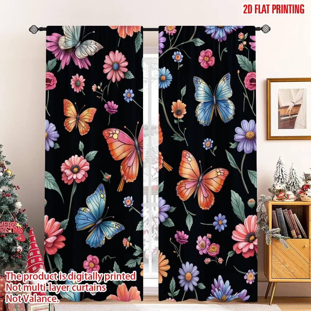 2 pezzi 2D stampa piatta Tenda di scena Farfalla vibrante Floreale Stampato digitale Tende in poliestere Decorazione da parete festosa Uso per le vacanze
