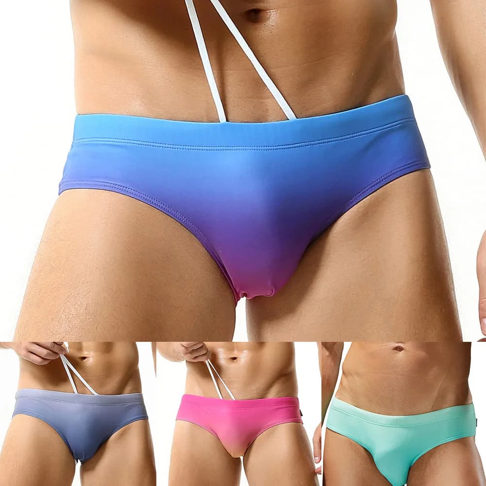 Summer Men Gradient Briefs Pouch Underwear Comfortable Swim Shorts Elastic Bikini Board Shorts Sexy Swimwear Man