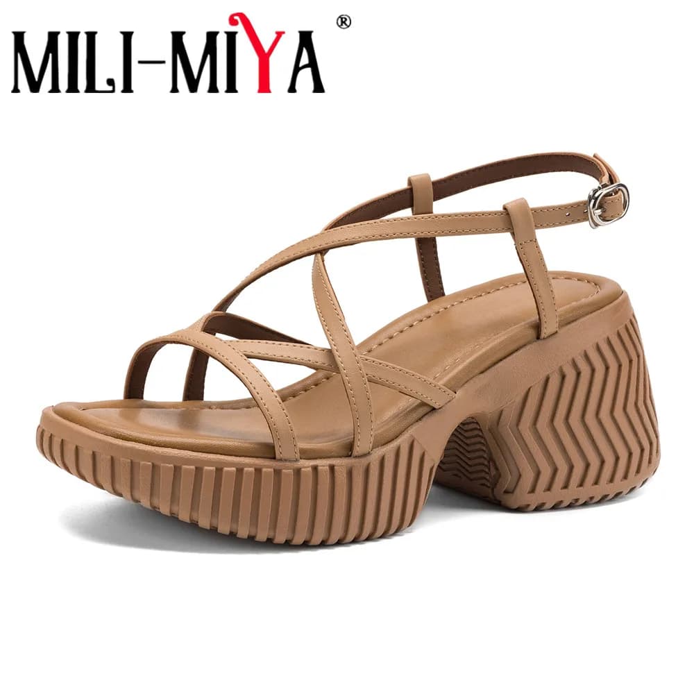 MILI-MIYA Women's Cow Leather Sandals With Non-Slip Chunky Heels Platform And Buckle Solid Color Big Size 34-40 Casual Summer