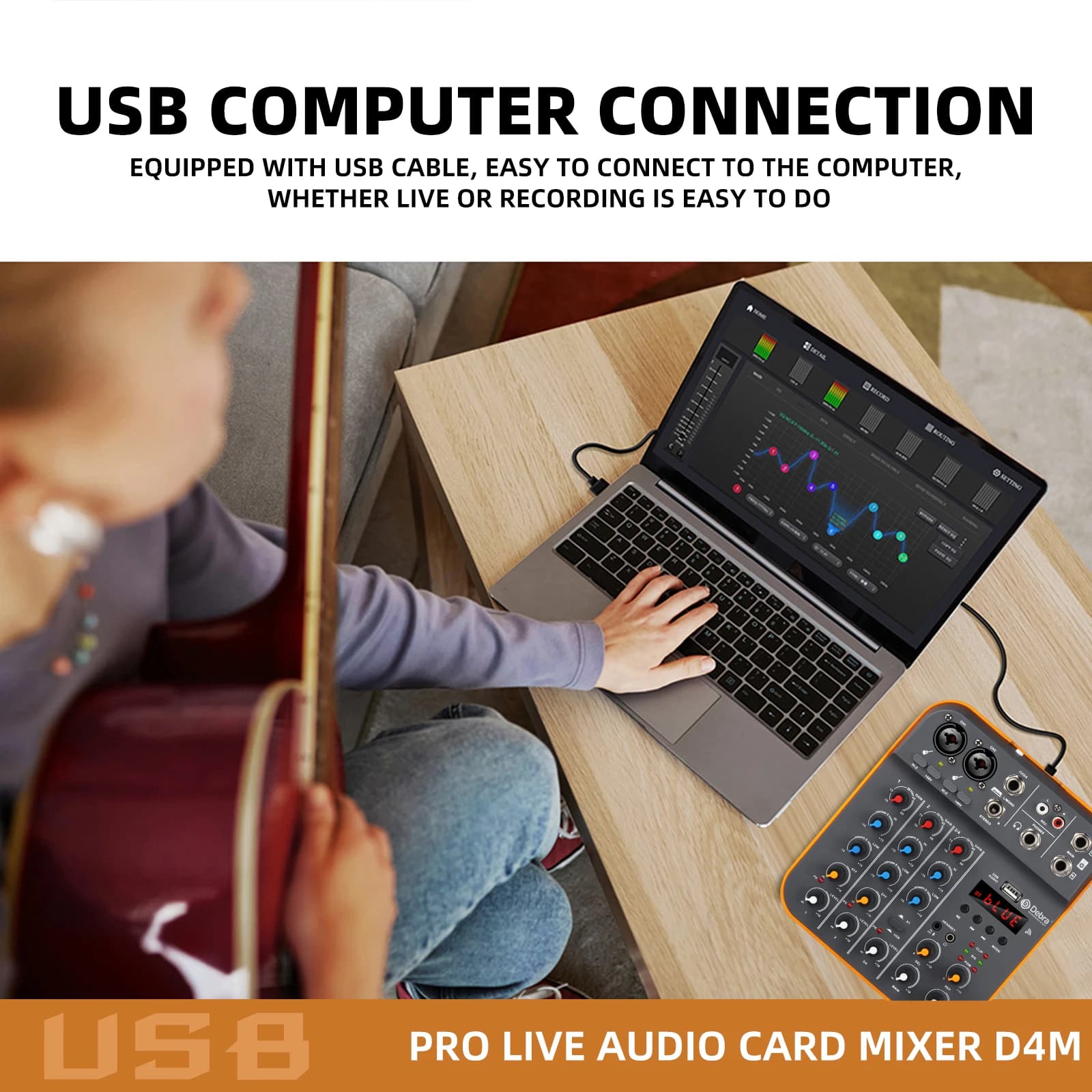 Debra D4M 4-Channel Audio Tuner, DJ Console with Bluetooth 5.0 48V Phantom Power USB Sound Card for Computer Recording, Karaoke