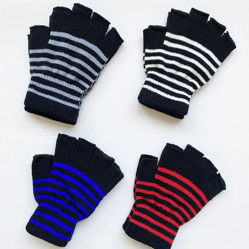 1 pair of winter warm fingerless gloves - Multi-color stripes (black/white/grey/blue/red) - Simple touch-screen compatible cold weather gloves, suitable for smartphones, casual and outdoor use - Unisex gloves