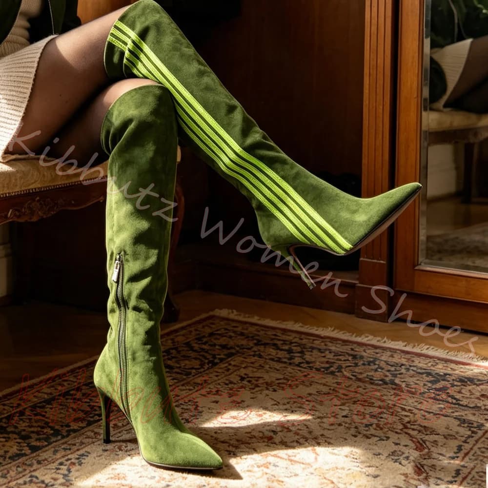 Side Striped Stretch Thigh High Boots Pointed Toe Thin Stiletto Side Zipper Fit Y2K Club Party Ladies Tall Shoes Mxied Color New