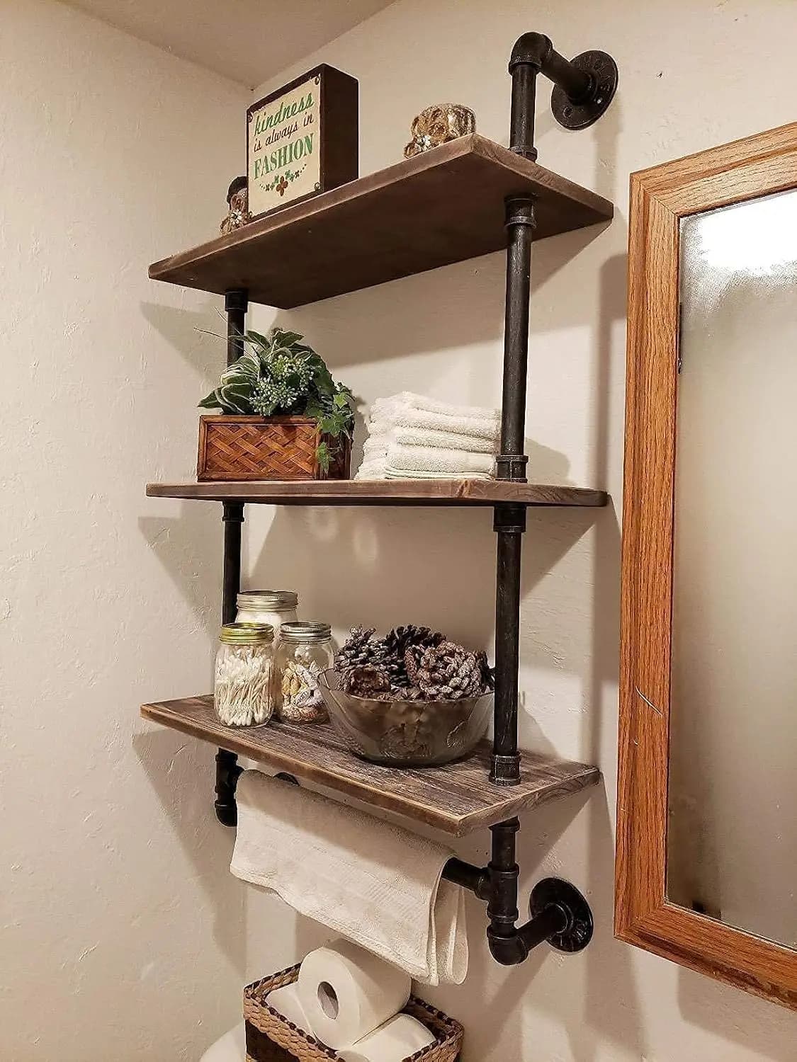 Storage Organizer Industrial Pipe Shelving Rustic Bathroom Shelves with Towel Bar, 24" Pipe Shelf Wall Mounted, Farmhouse