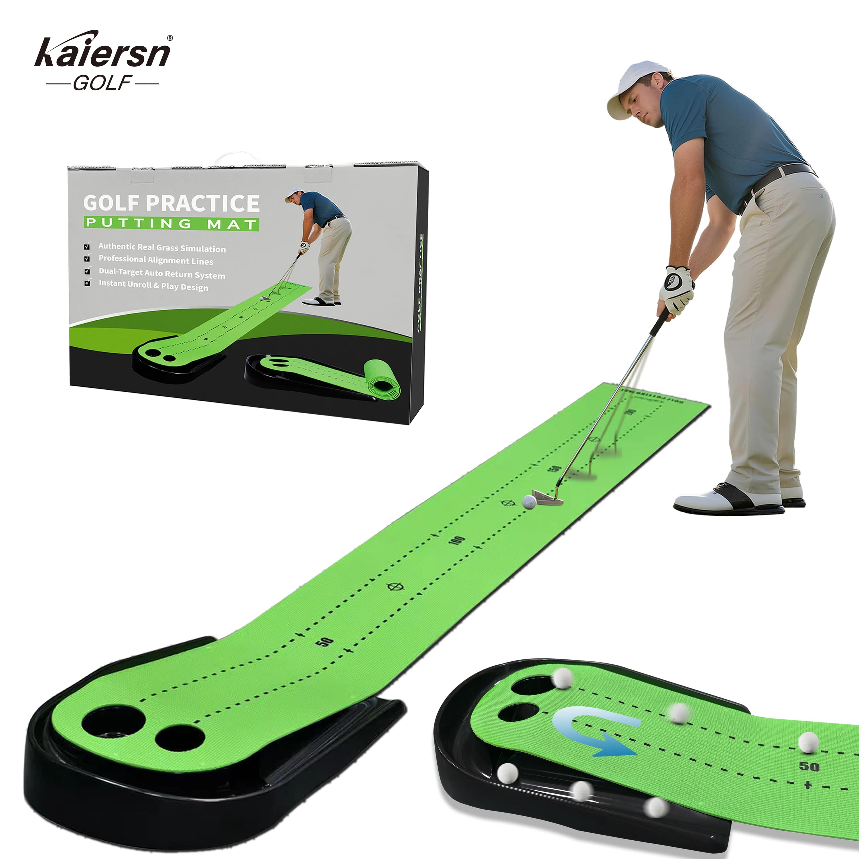 Tappetino da Golf con Ritorno Automatico della Palla, Tappetino per Pratica di Putting con Marcature di Allineamento, Mini Gioco di Golf per Casa, Ufficio e Giardino