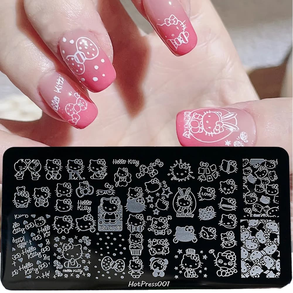 Nail Print 3D Kawaii Hello Kitty with Bow and Heart, 12.5x6.5cm, Stainless Steel Stamping Plate with Hello Kitty Card #