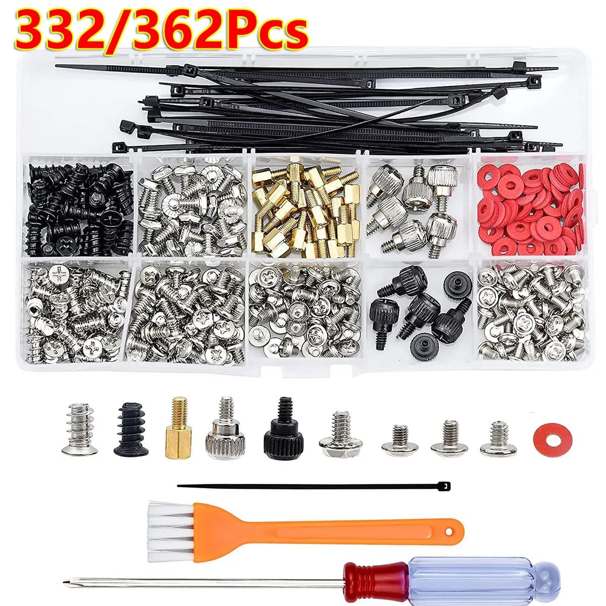 332/362 pezzi kit di riparazione PC viti per montaggio ventola HDD fascette per cavi cacciavite e spazzola per pulizia per alimentatore scheda madre custodia PC fai da te