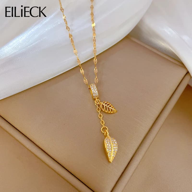 EILIECK 316L Stainless Steel Shiny Zircon Leaves Pendant Necklace for Women Luxury Neck Chain Fashion Waterproof Jewelry Gift