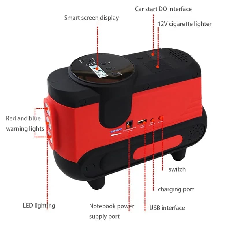 Nuovo Avviatore d'Emergenza Portatile 12V 360A, Power Bank, Compressore d'Aria per Auto con Caricatore USB e Luce LED