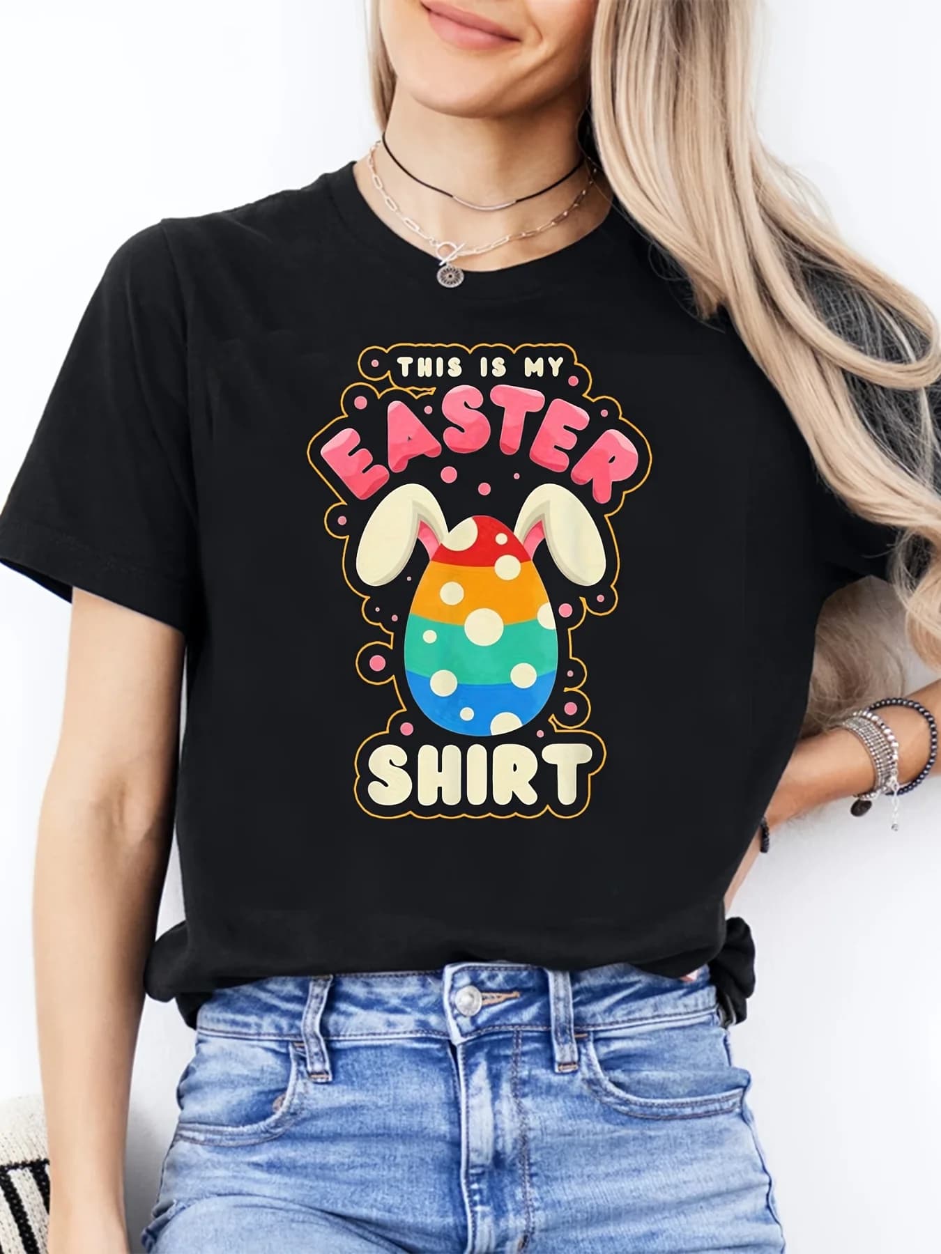 Women's T-shirt with design with rabbit ears and eggs - Short sleeve spring top with round neckline