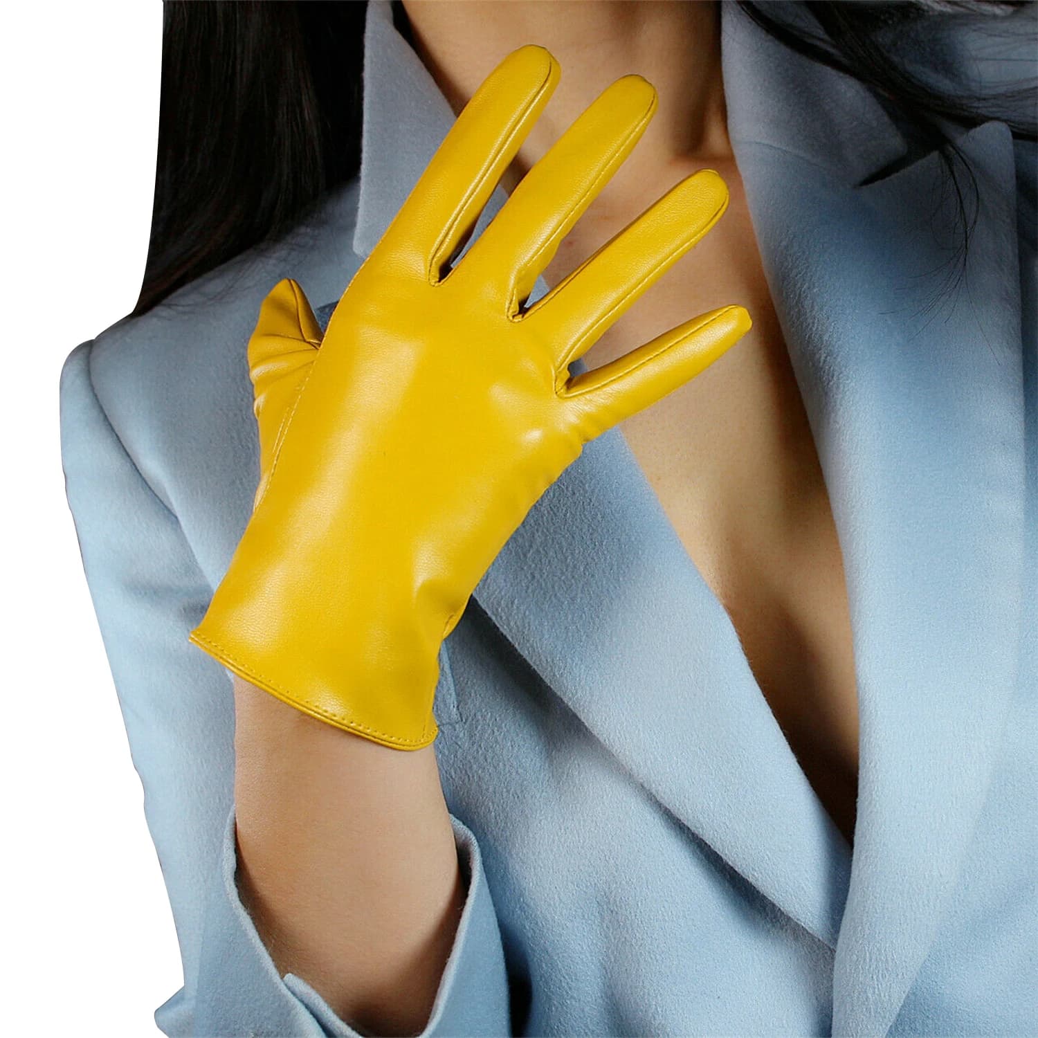 DooWay Guanti corti da polso in lattice Ecopelle Pelle di pecora Elastico Giallo senape Guanti da guida per abito da sera caldo sfoderato da 8 pollici
