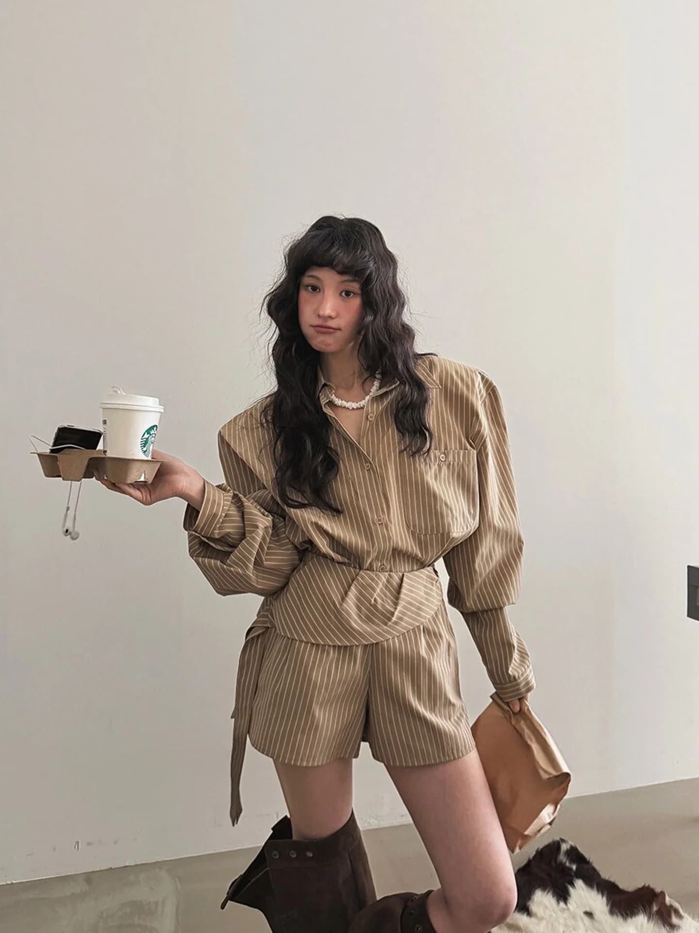 Chic Autumnal Versatile Striped Shirt with Knot Casual High Waist Shorts Two-Piece Set Irregular Hemline Fashionable Ensemble