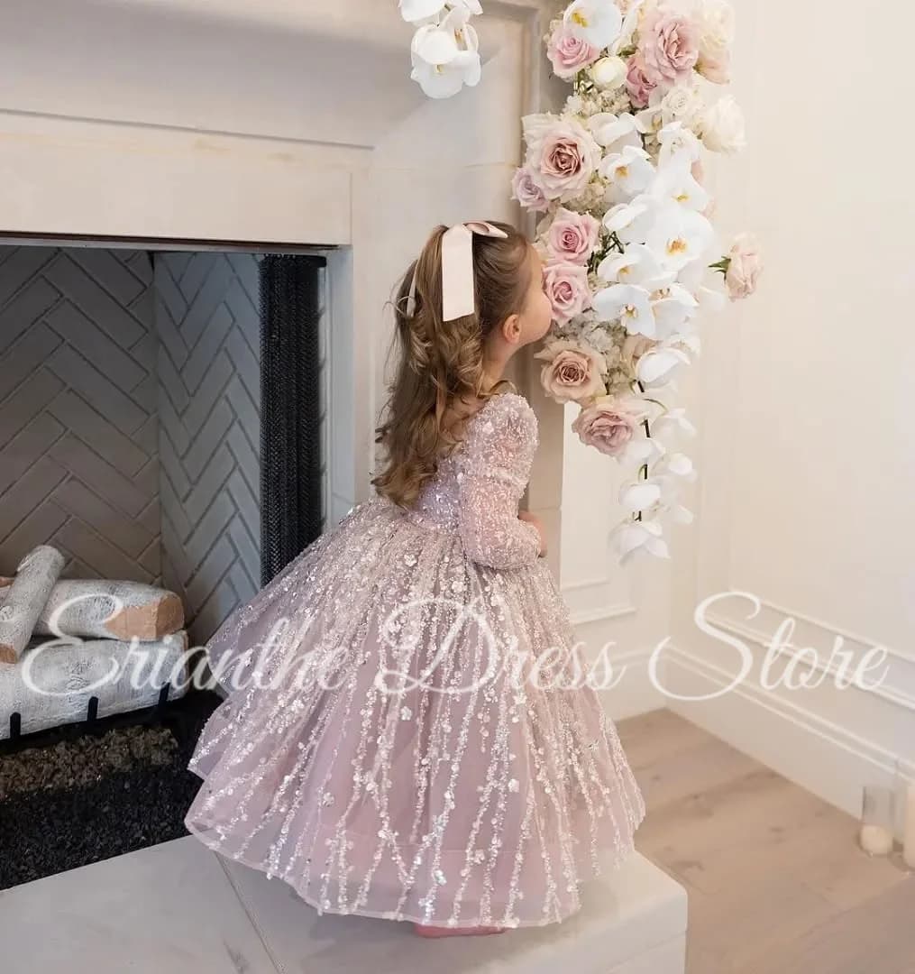 Abito da ragazza di fiore rosa chiaro personalizzato per matrimonio in tulle con paillettes gonfie Abito da principessa per primo compleanno eucaristico