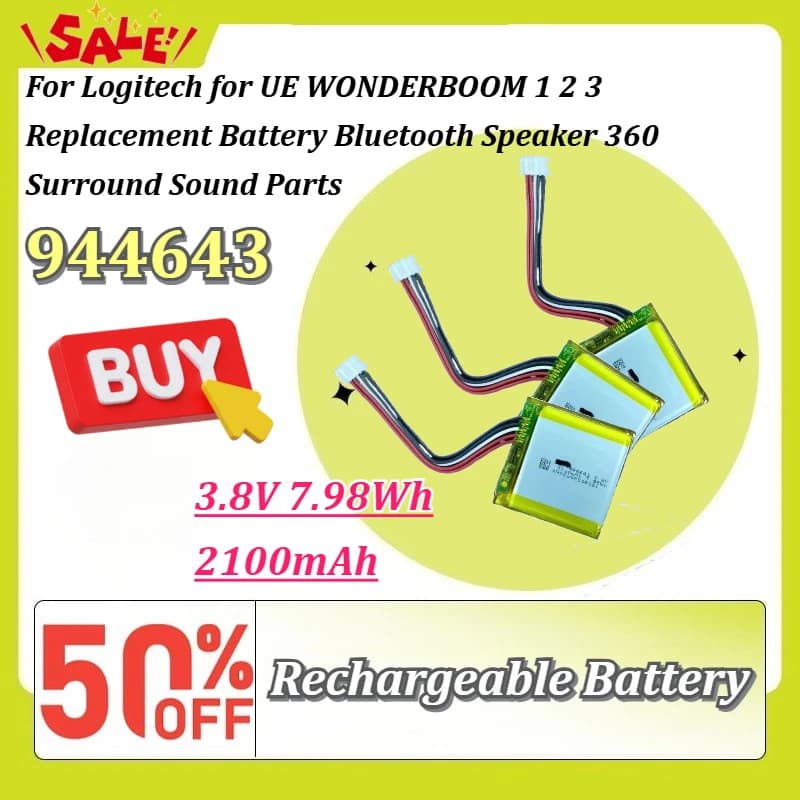 New 944643 3.8V 2100mAh 7.98Wh Li-Polymer Replacement Battery for Logitech Ultimate Ears UE Wonderboom 1 2 3 Bluetooth Speaker