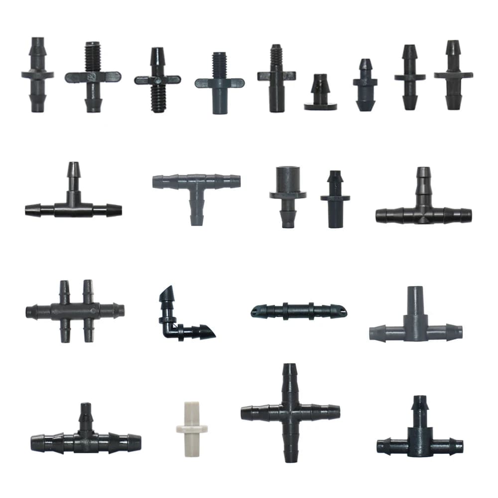 Connectors for Garden Pipes: T couplings, elbows, crosses, terminal plugs for Goccia irrigation systems, Suitable for 3/5 and 4/7mm pipes