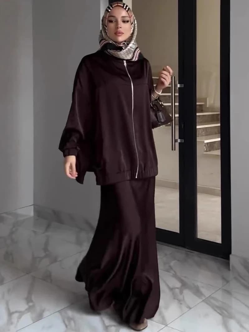 Abito musulmano in raso Set da 2 pezzi Donna Party Abaya Musulman Ensembles Arabo Abito lungo Dubai Kaftan Abiti Jalabiya Ramadan Eid