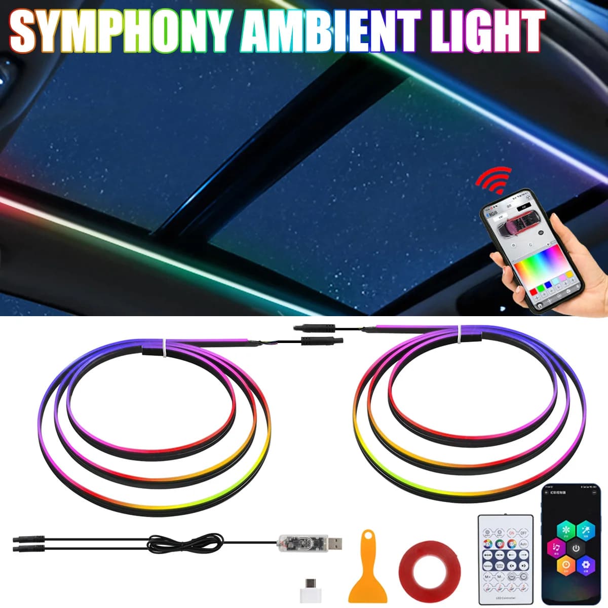 Lucernario a LED Luci ambientali per tetto apribile per auto Sinfonia RGB Interni Striscia acrilica USB Decorazione a LED Lampada per atmosfera Cruscotto 110 cm