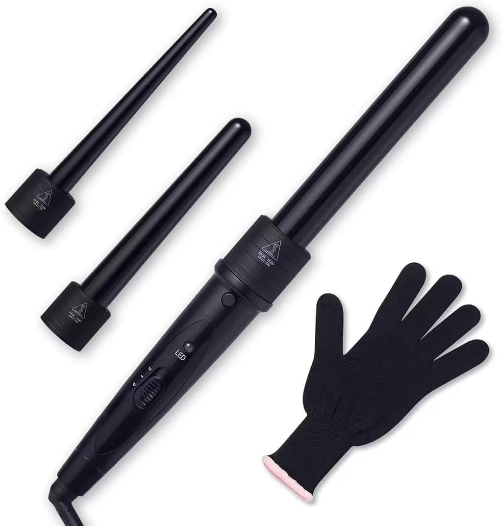 3 in 1 Curling Wand Set with 3 Interchangeable Curling Iron Ceramic Barrels with Heat Resistant Glove – Black