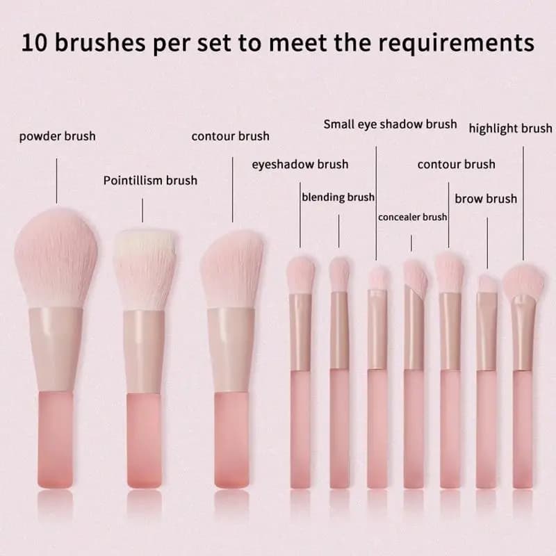 New 10pcs Pink Handle Travel Makeup Brushes Synthetic Foundation Powder Eyeshadow Mini Makeup Brush Set