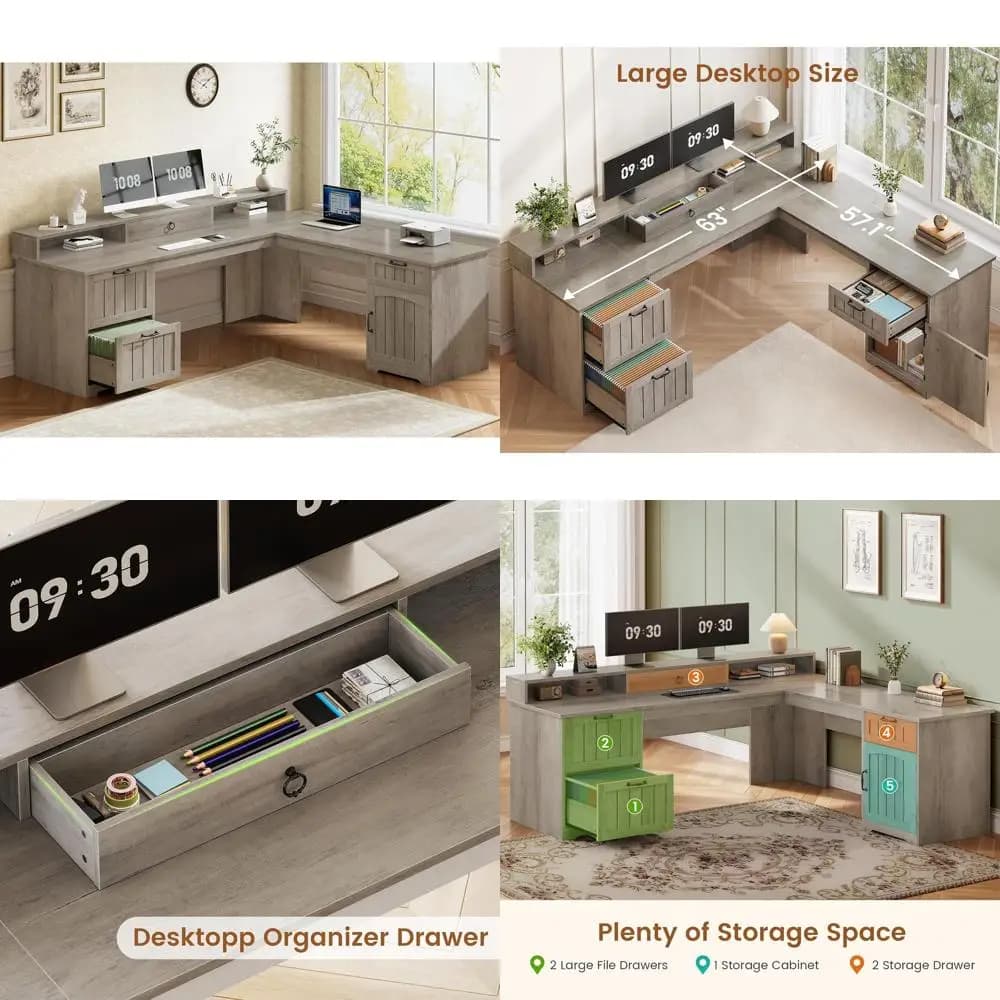 L-Shaped Wood Office Desk with Drawers, Storage, and Monitor Stand, Grey
