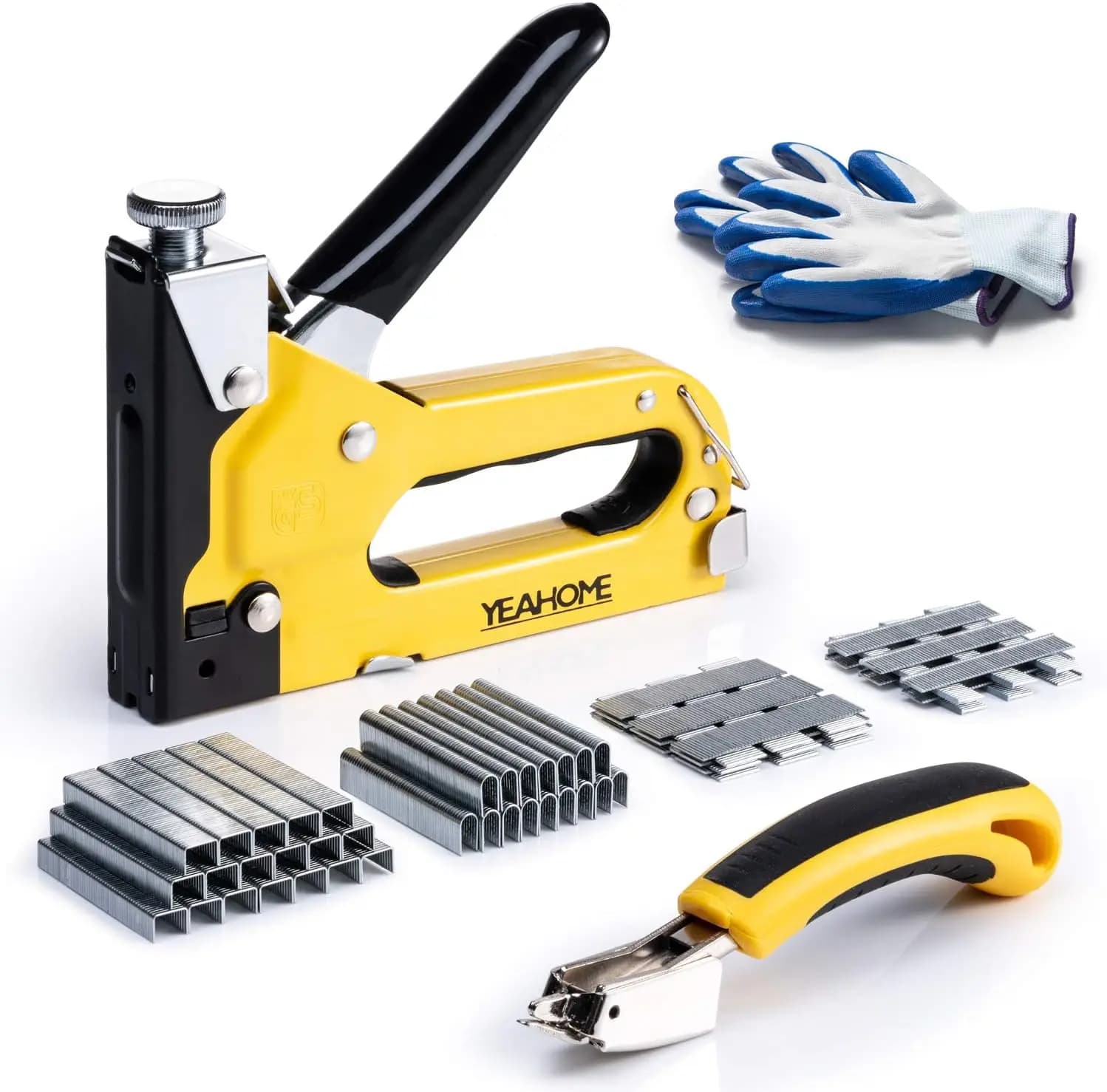 Pistola Sparagraffette Professionale 4 in 1 con 6000 Graffette, Rimuovi Graffette, Guanti per Legno, Tappezzeria, Falegnameria Fai da Te