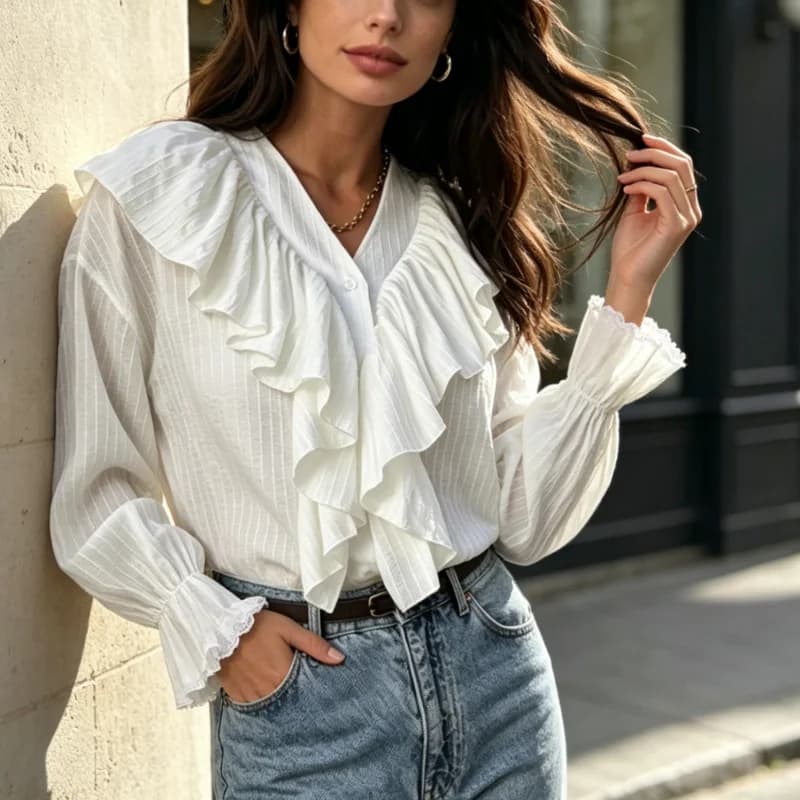 Camicetta Elegante da Donna Primavera Autunno 2026 Nuova Collezione Moda con Scollo a V, Maniche Lunghe a Volant, Maniche Svasate Bianche, Stile Vintage per Ufficio