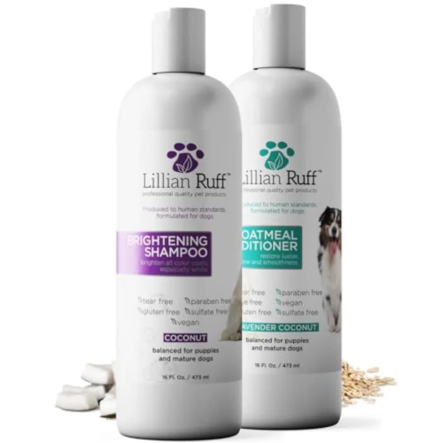 Set Shampoo Illuminante e Balsamo all'Avena per Cani Sicuro anche per Gatti - Senza Lacrime, Profumo di Cocco con Aloe per Pelo Secco e Danneggiato