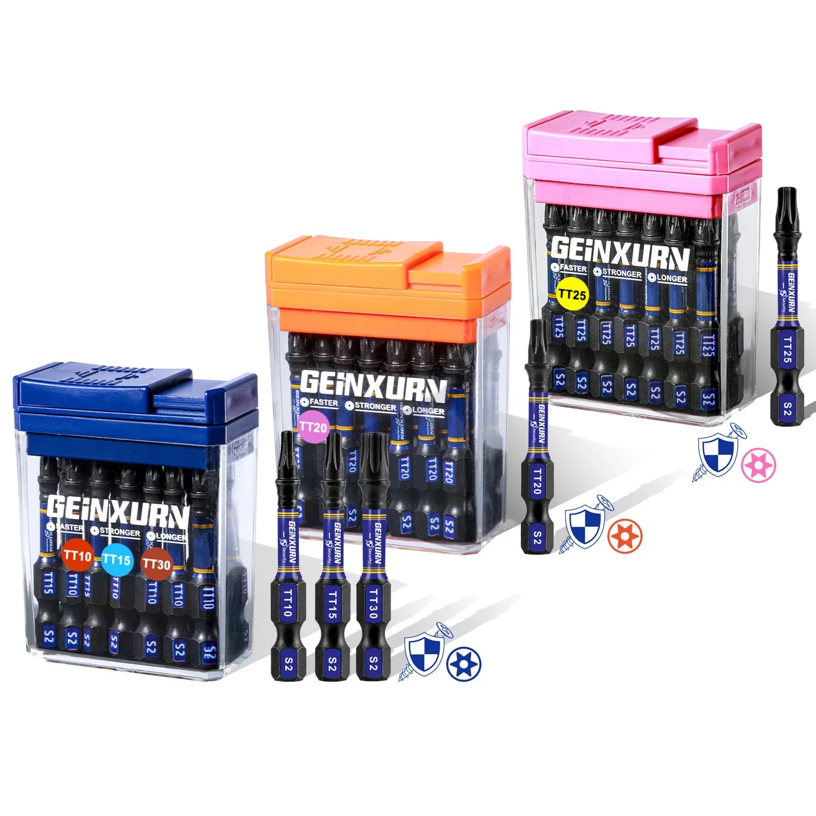 Geinxurn 45Pcs Security Torx Impact Bit Set Magnetic (TT10/TT15/TT20/TT25/TT30) 2" S2 Steel w/Color Storage Box