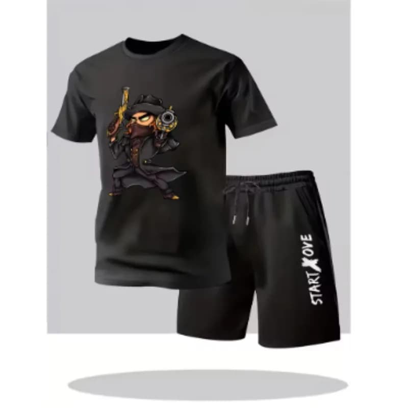 Fashionable men's summer set with short sleeve t-shirt and short short shorts, casual, with round neckline, set two pieces.