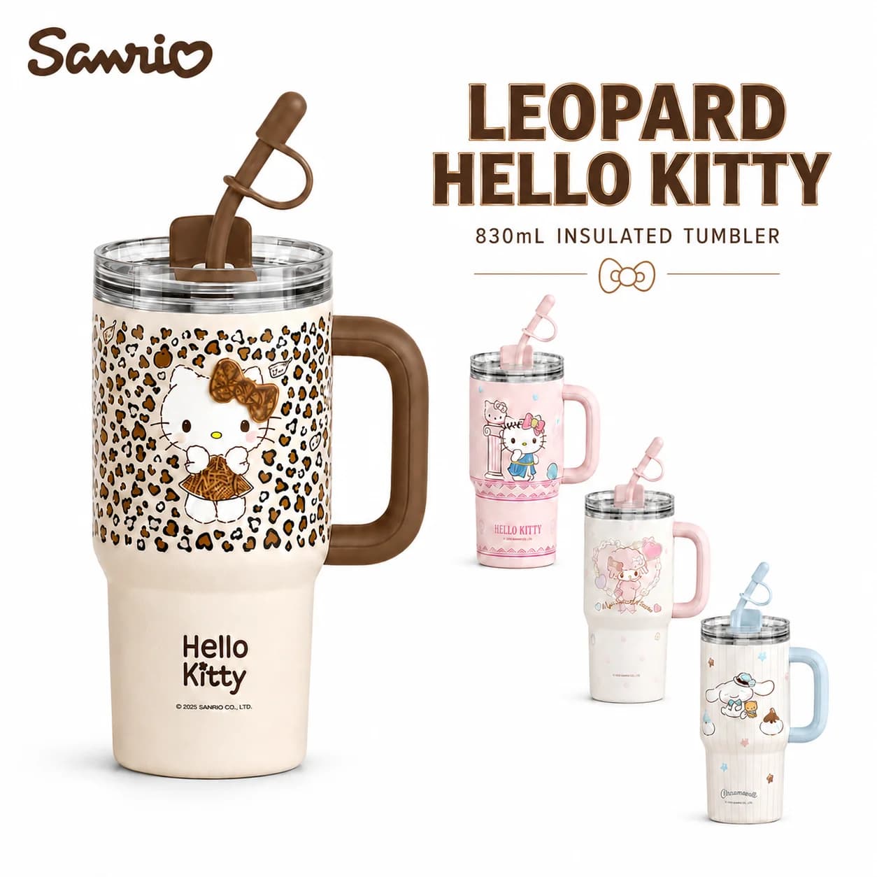 Sanrio 830ml Insulated Tumbler Large Capacity Stainless Steel with Straw Handle Hot Cold Travel Mug Hello Kitty Cinnamoroll Gift