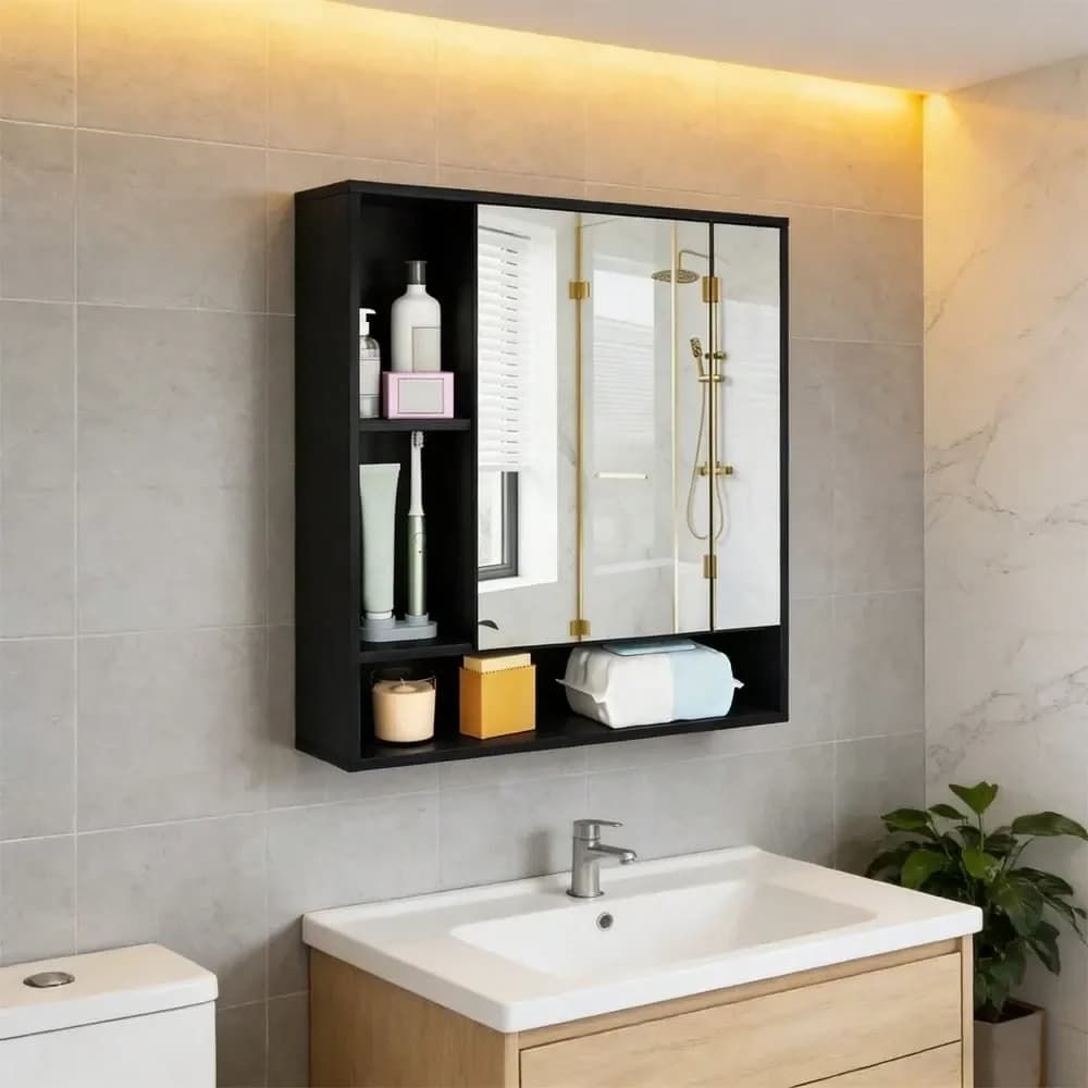 Mobiletto da bagno a parete con specchio, anta singola, ripiano regolabile a 3 posizioni, contenitore nascosto e aperto per il bagno, soggiorno