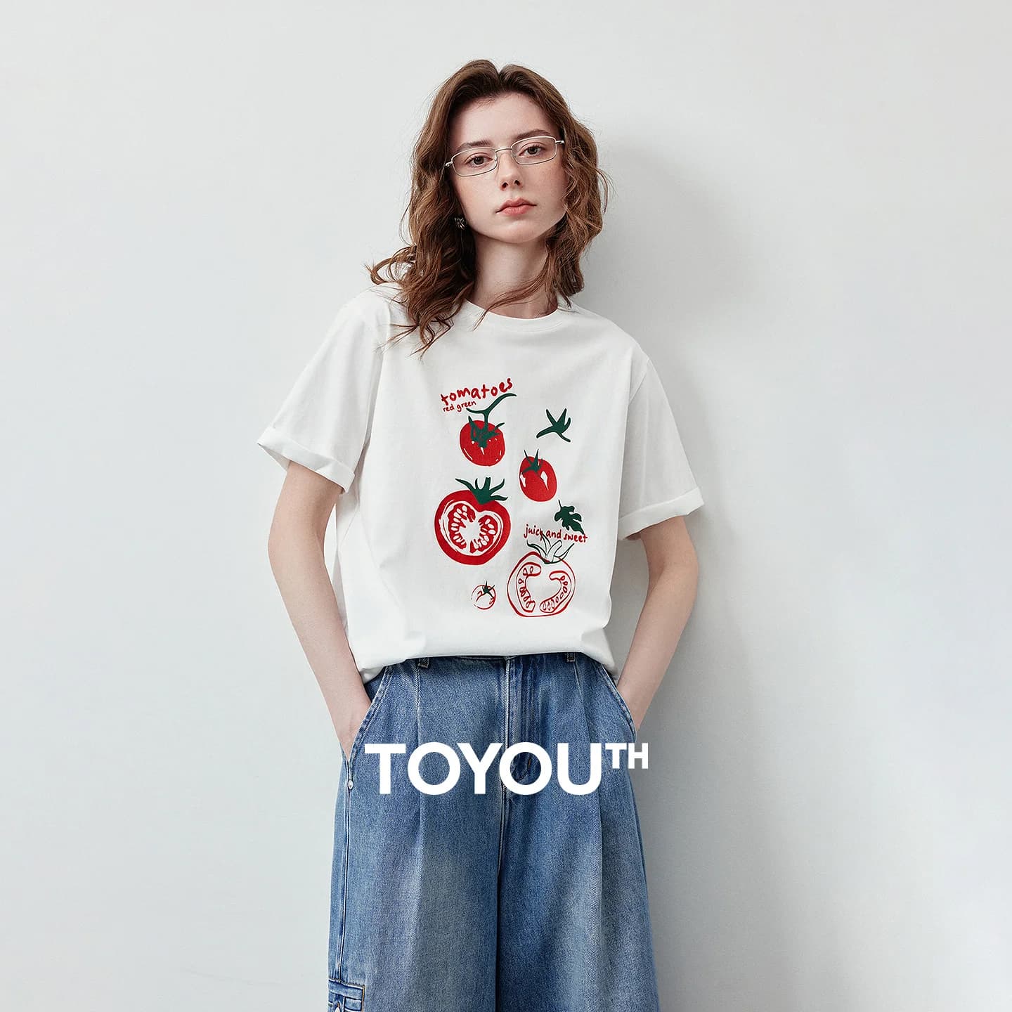 TOYOUTH Women 5A Antibacterial Cotton T-Shirt 2026 Summer New Crew Neck Slightly Loose Tomato Print Pullover Tops
