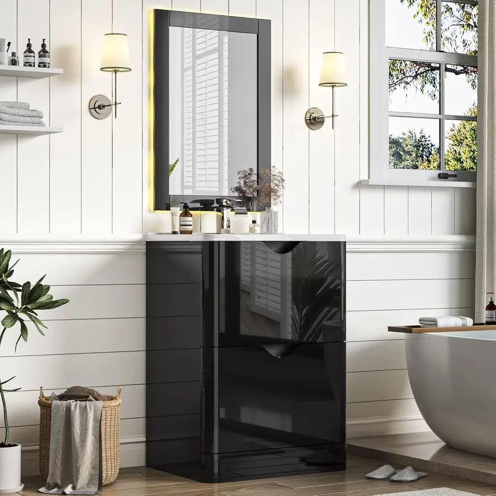 24 Inch Bathroom Vanity with Sink,Mirror,aucet Set, ern High Gloss reestanding Bathroom Storage Vanity Cabinet Set,2 Ders,Ceic S