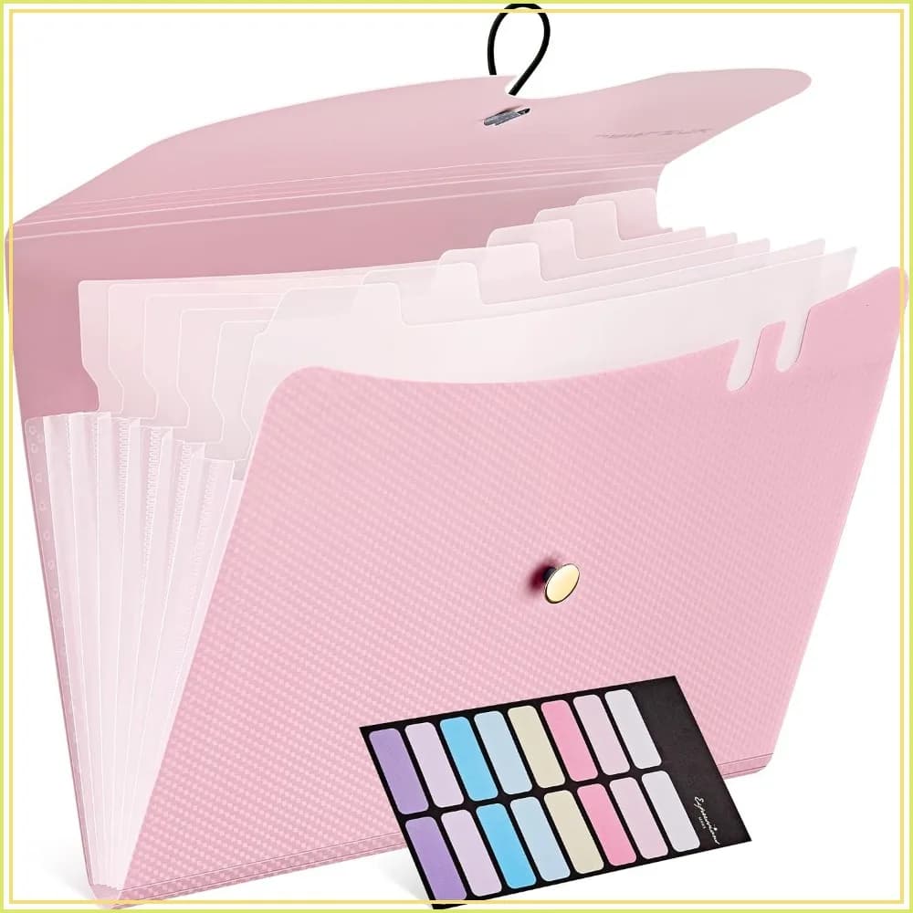 A4 Expanding File Folder with 7 Pockets & 12 Labels - Portable Accordion Organizer for School, Office, and Home Use (Pink)