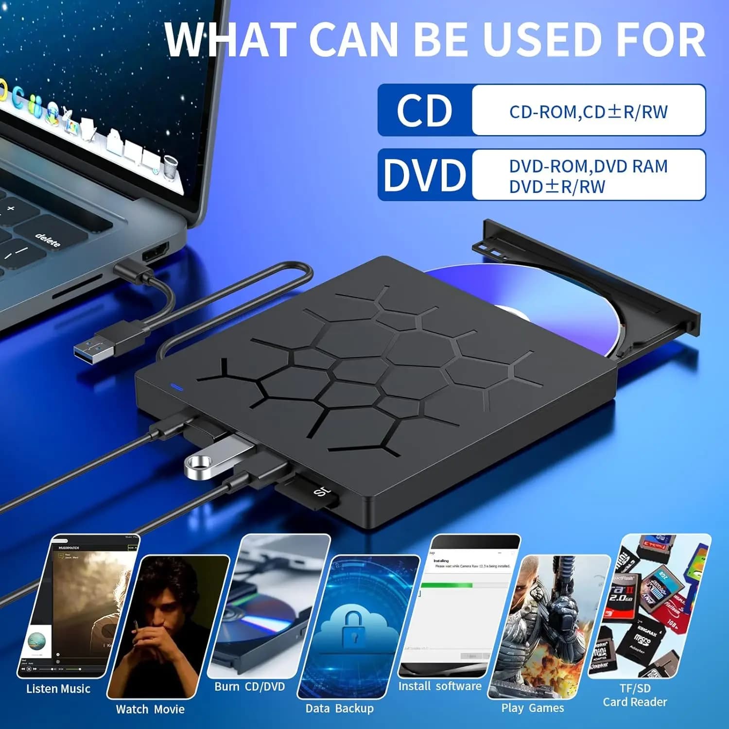 Unità CD DVD esterna, masterizzatore CD ultra sottile USB 3.0 con 4 porte USB e 2 slot per schede TF/SD, unità disco ottico per laptop Mac PC
