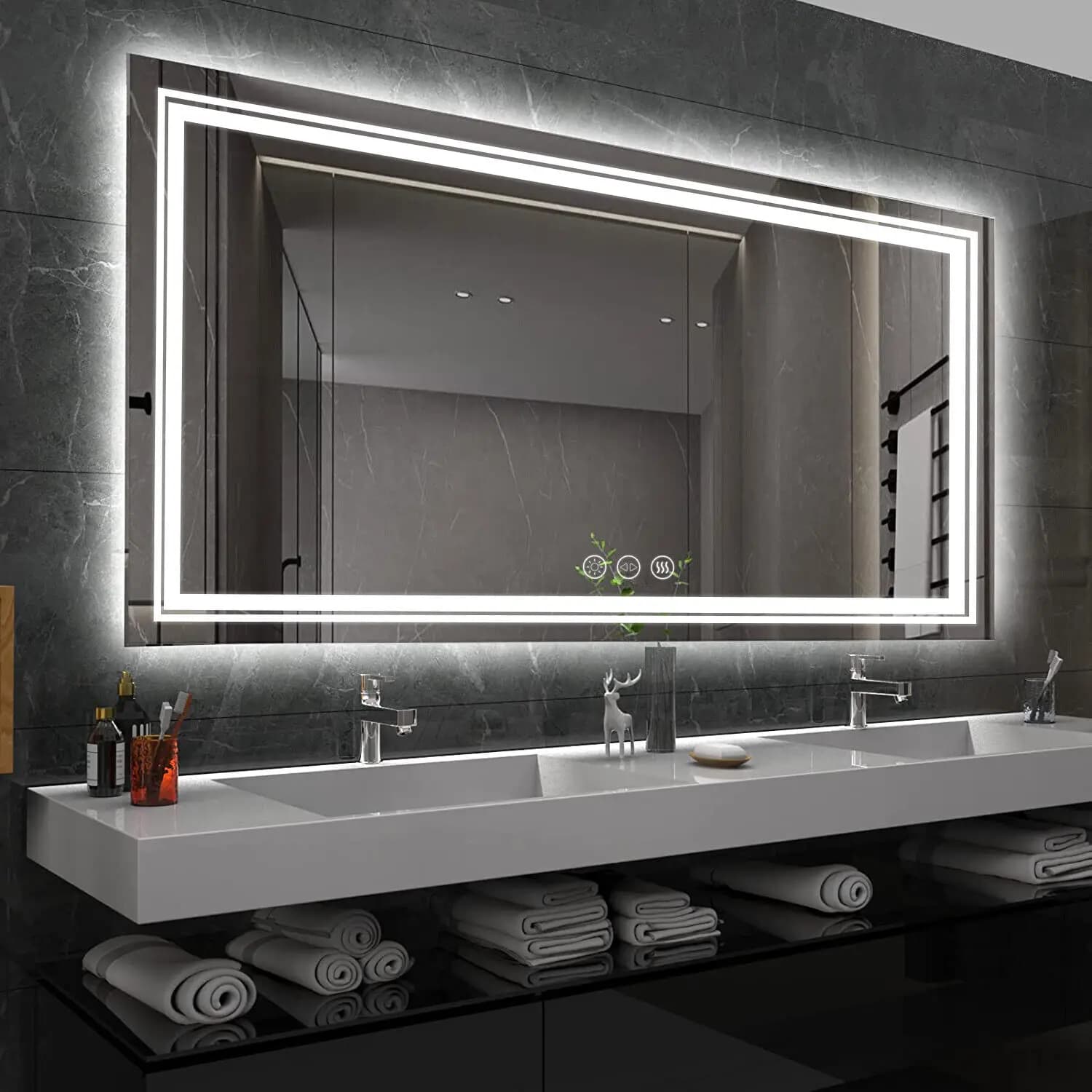 Specchio da bagno rettangolare extra large LED Vanity Dimmerabile retroilluminato Memoria antiappannamento con frontale e retroilluminazione infrangibile