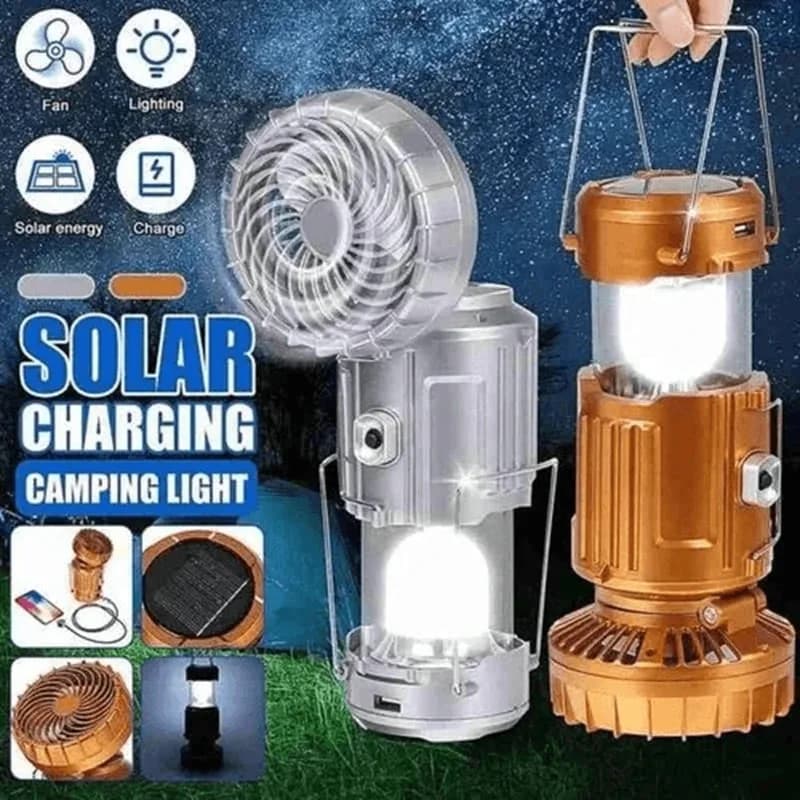Lanterna da campeggio solare con ventilatore Ventilatore elettrico estensibile portatile Luce di emergenza Illuminazione esterna Luce per tenda a LED ricaricabile