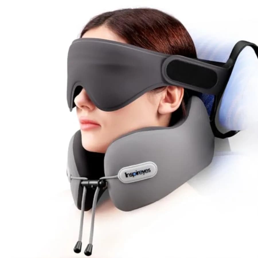 Cuscino da Viaggio per il Collo con Cinghia per Sedile, Mascherina 3D per Dormire, Doppio Supporto per Collo e Testa, Cuscino in Schiuma ad Alto Supporto per Aereo