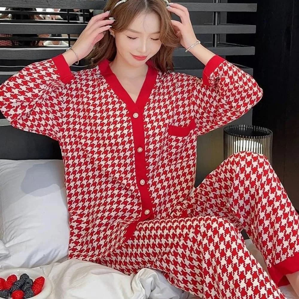 Pigiama a griglia con scollo a V morbido da donna Set di indumenti da notte leopardati casual allentati Homewear Pigiama a maniche lunghe primavera autunno da donna
