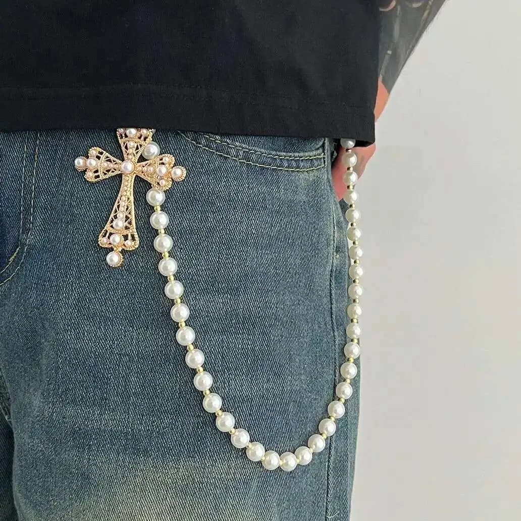 KunJoe Hip Hop Big Jesus Cross Ciondolo Pantaloni Catena Uomo Donna Trendy Imitazione Perla Jeans Catena in vita Accessori per gioielli quotidiani