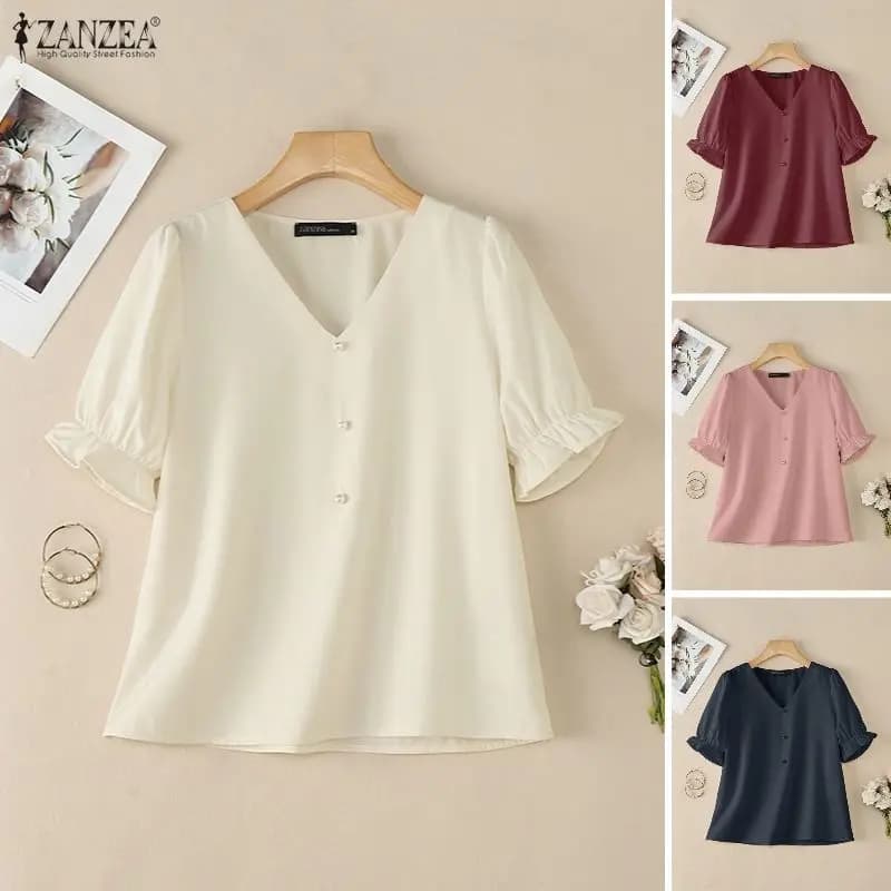 2026 Summer Women Tops ZANZEA Elegant V Neck Short Sleeve Blouse Stylish Solid OL Work Shirt Casual Holiday Blusas Tunic Femme