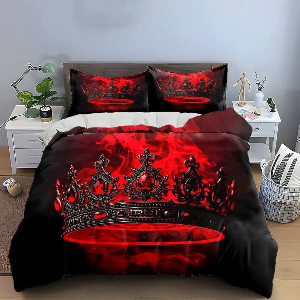 Dark Gothic Red Smoke Crown Bedding Set,Ruby Gem Ornate King Crown Print Duvet Cover Set,Luxury 3PC For Men Gothic Bedroom Decor