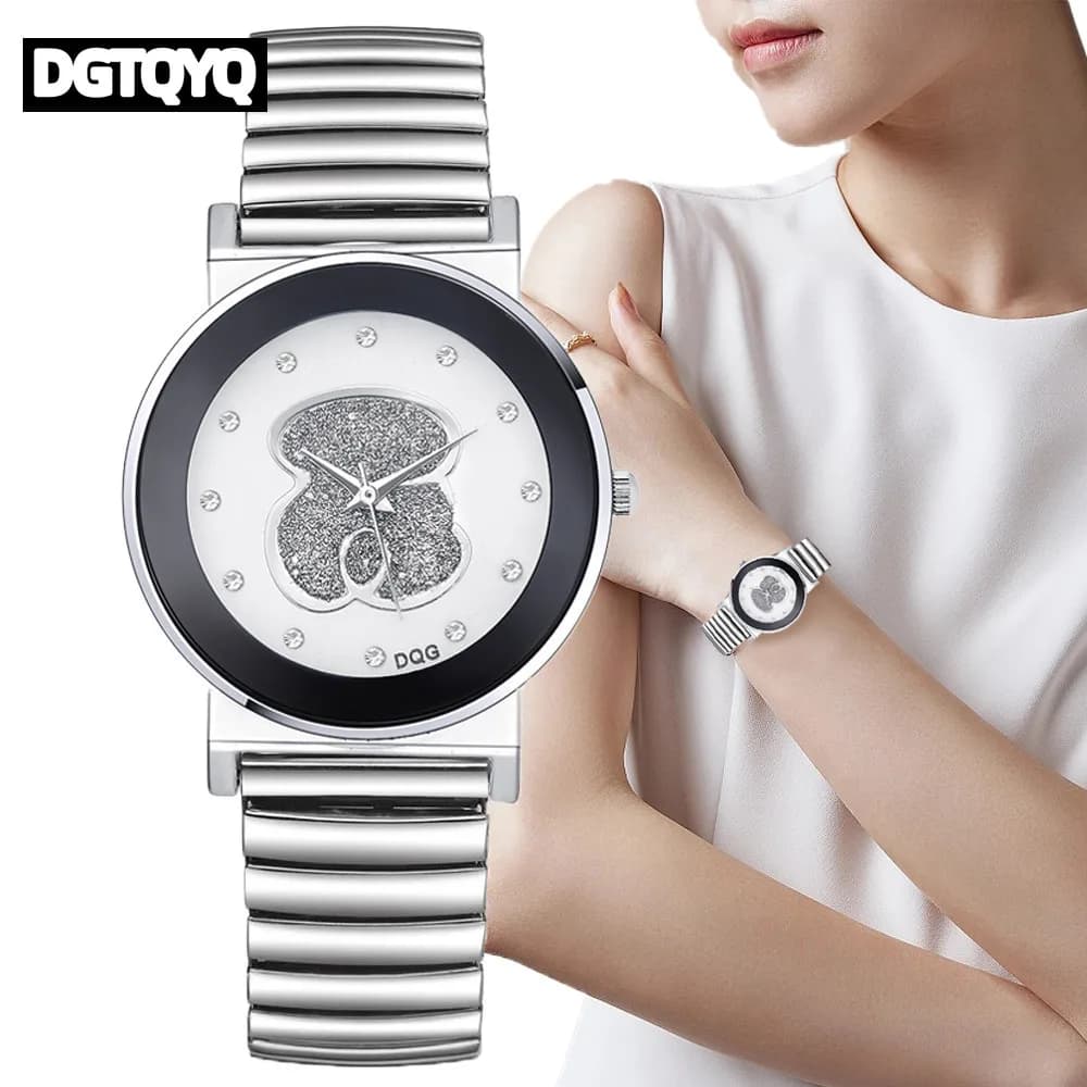 Orologio da donna al quarzo di marca dal design semplice con diamanti in orso bianco nero di lusso Orologio da donna elasticizzato alla moda Orologi creativi