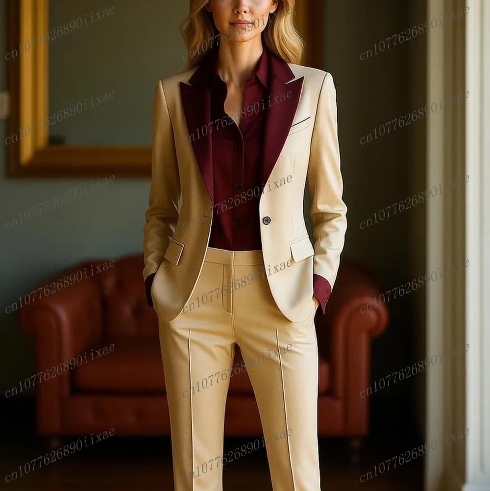 Colletto bordeaux Champagne Abiti da donna Lady Business Office Smoking Madre Festa di nozze Donna formale Set da 2 pezzi Giacca Pantaloni