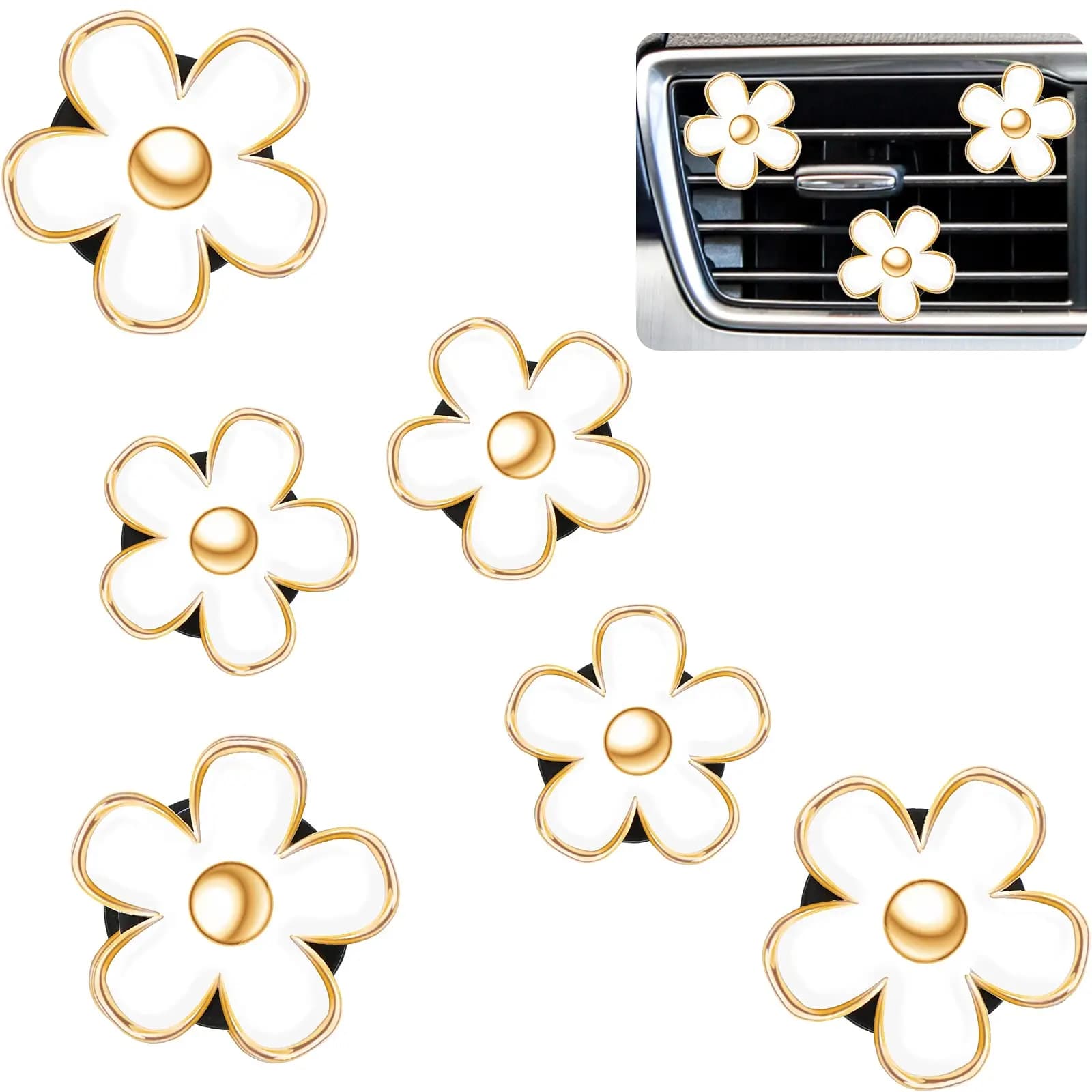 4 Pack White Daisy Car Air Freshener Vent Clips, Cute Flower Alloy Car Air Vent Perfume Diffuser Clips, Elegant Women Car Interior Decor Accessories with Replaceable Fragrance Pads