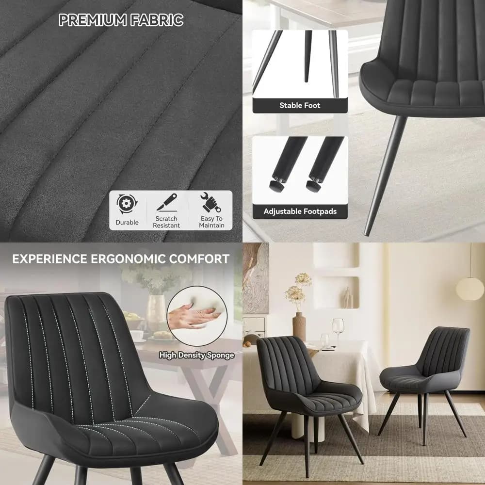Set of 2 padded dining chairs with thick cushions and metal legs, black