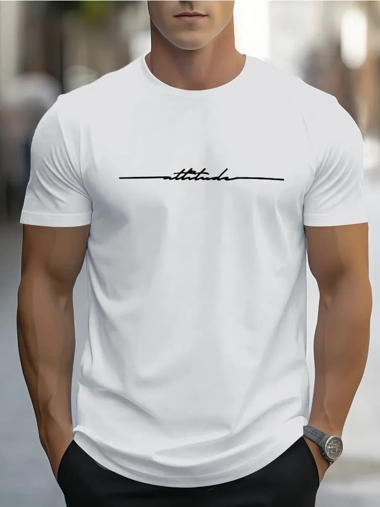 Men Summer Casual Short Sleeve T Shirt Minimalist Attitude Cursive Letter Print Slim Fit Daily Street Fashion Tees Tops